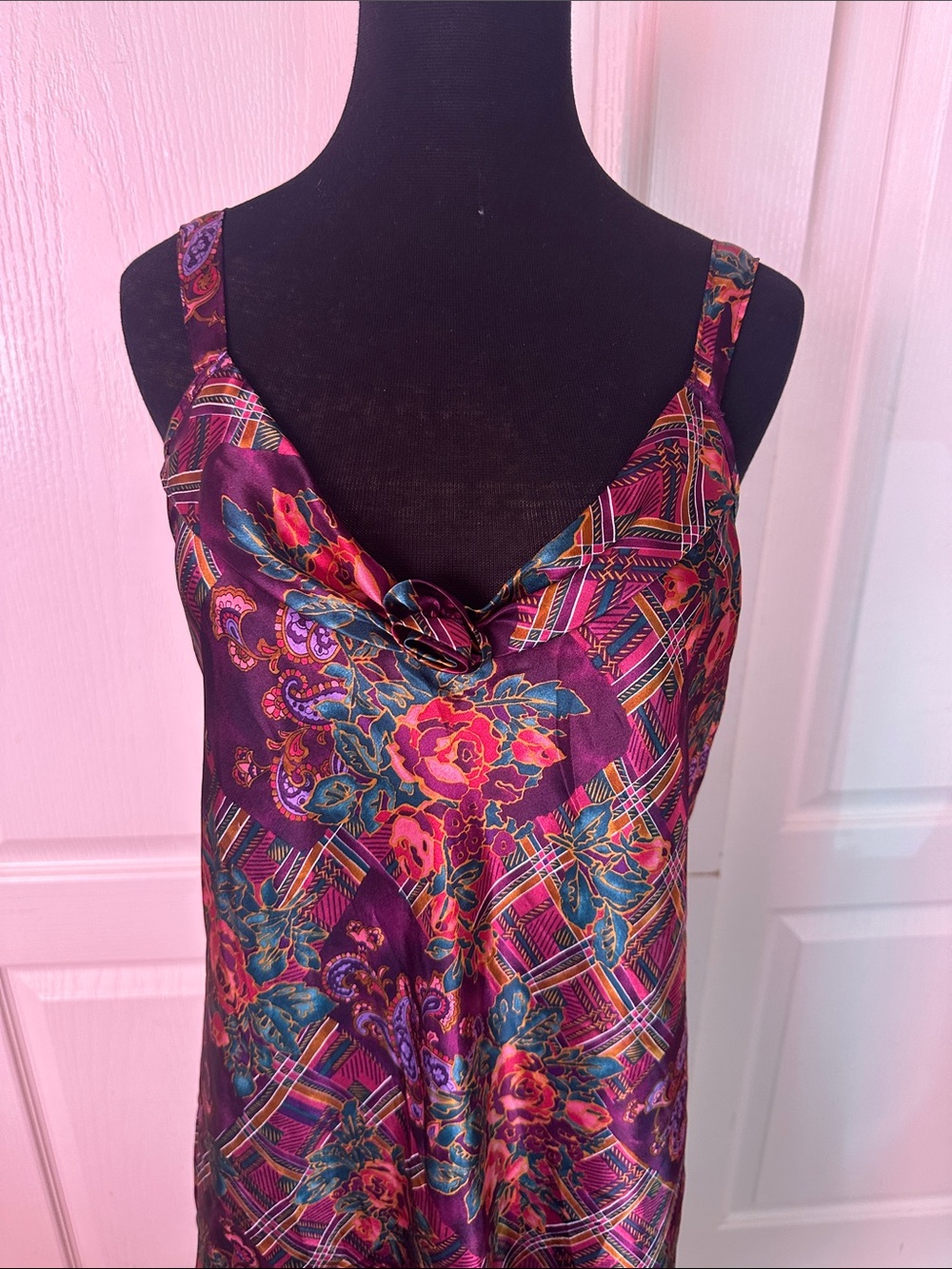 VTG CALIFORNIA DYNASTY PLAID Floral Satin Slip Dress in Deep Purple - Picture 3 of 5